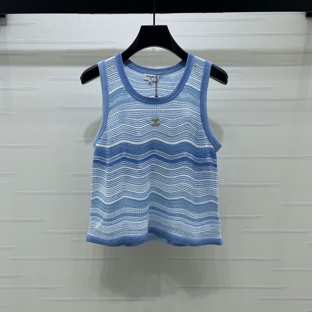 CHANEL Light Blue & White Wave Knit Tank Top